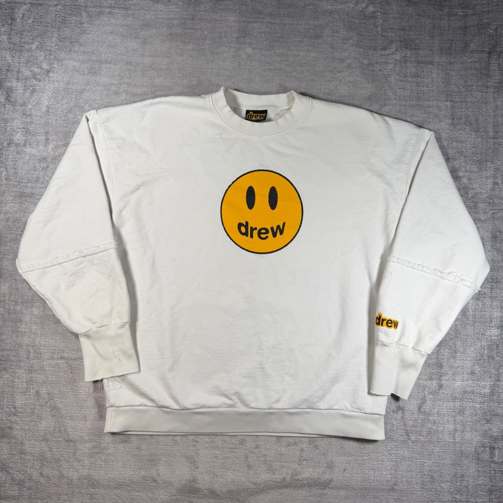 Drew House Sweatshirt Mens 2XL White Smiley Face Mascot Deconstructed Crewneck